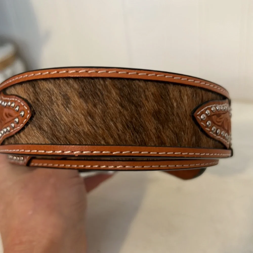 Ranger Hand tooled leather stitching belt cowhide calf hair studded conchos 32